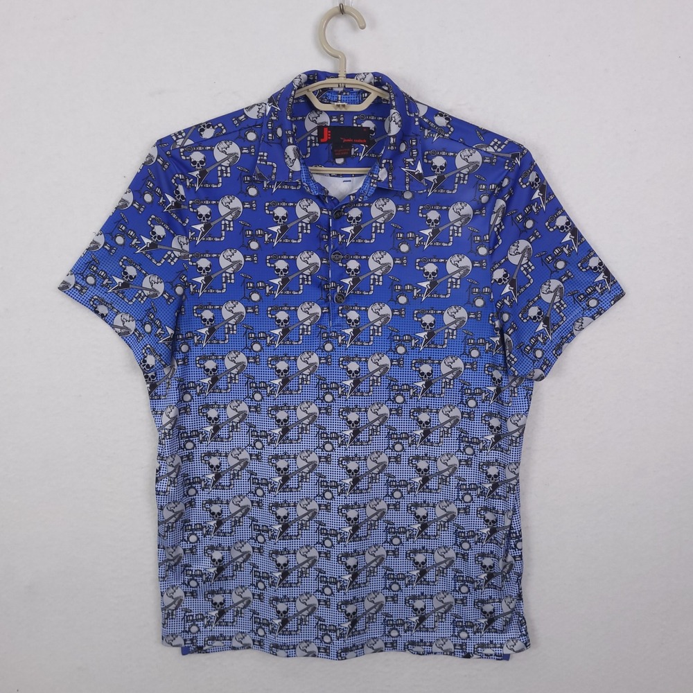 Jamie Sadock Polo Shirt Mens L Blue Skull Guitar Rock Graphic M02121 Golf Top